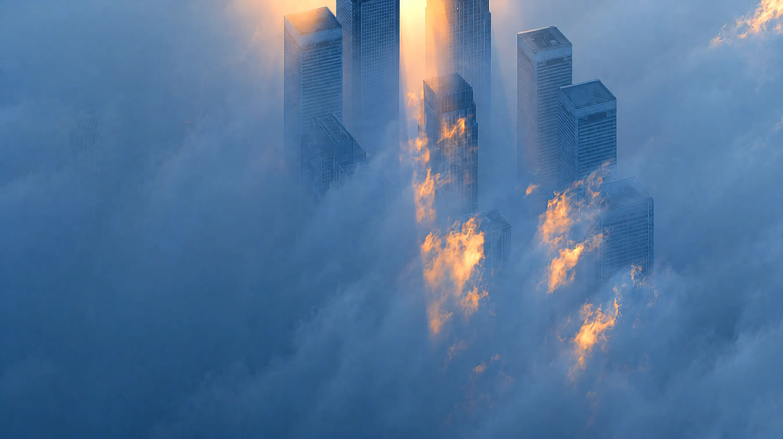 Towers rising above low cloud at sunrise
