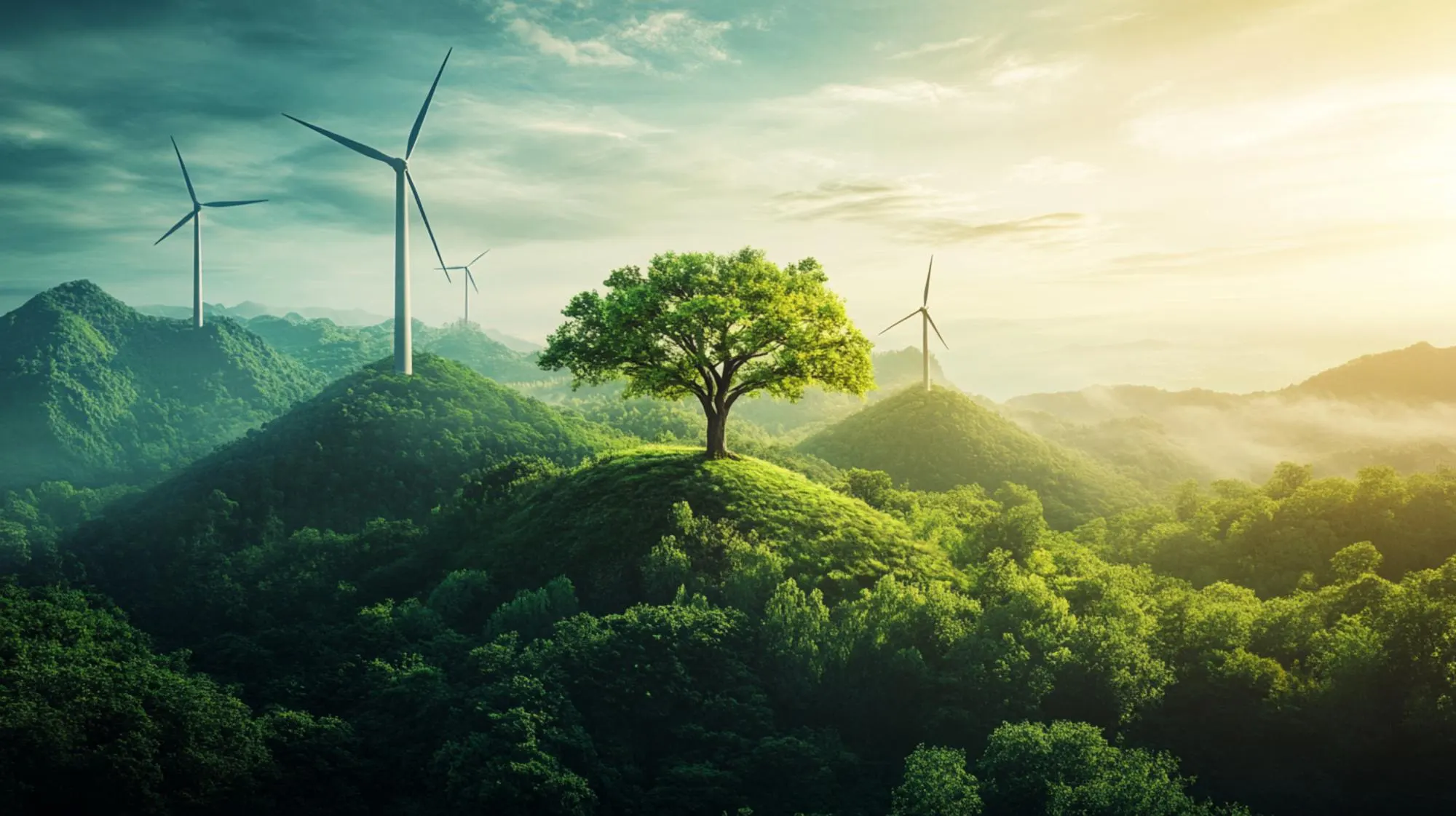Wind generation across a green upland landscape